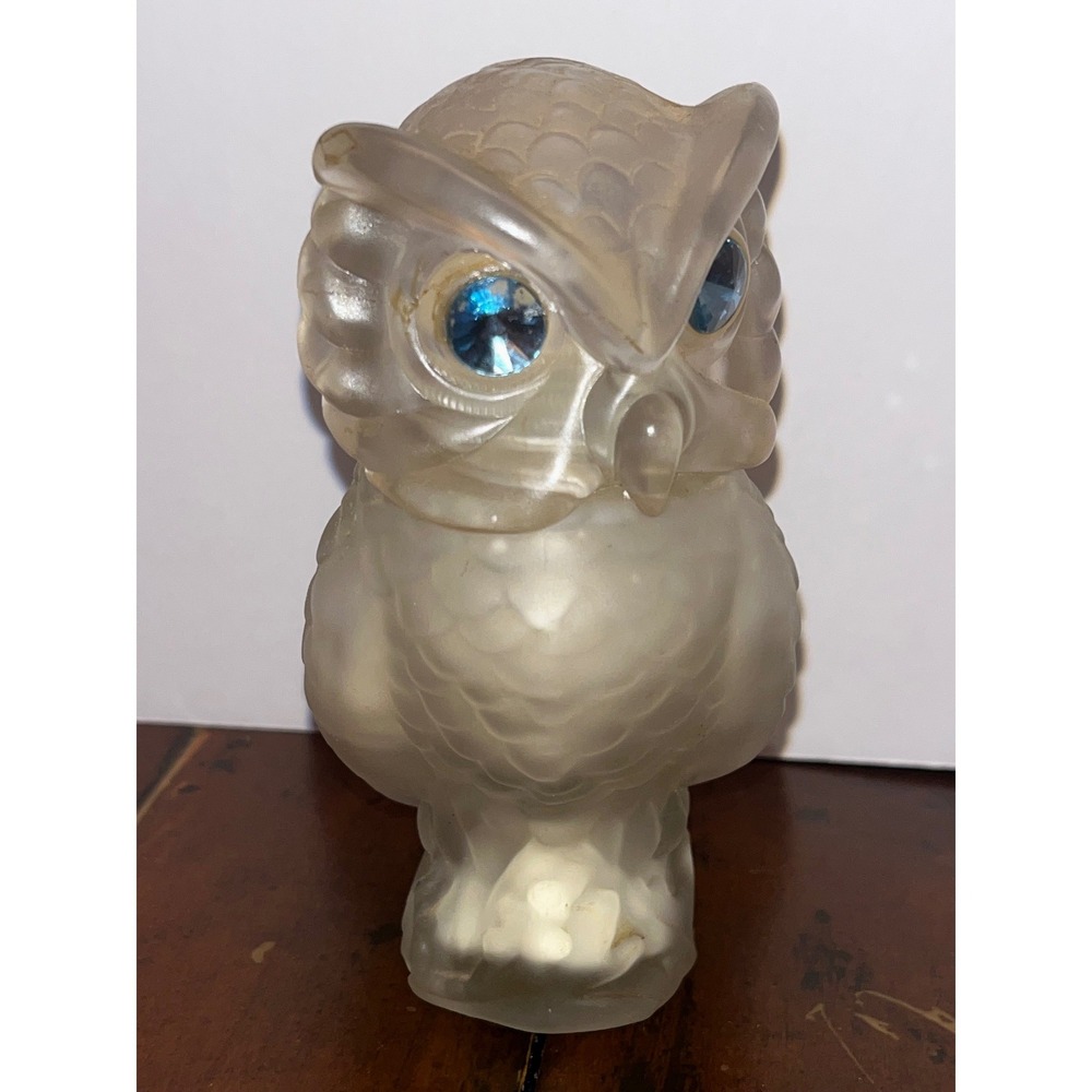 Avon Baby Powder Container Frosted Glass Owl Blue Eyes Vintage Collectible 4.5in